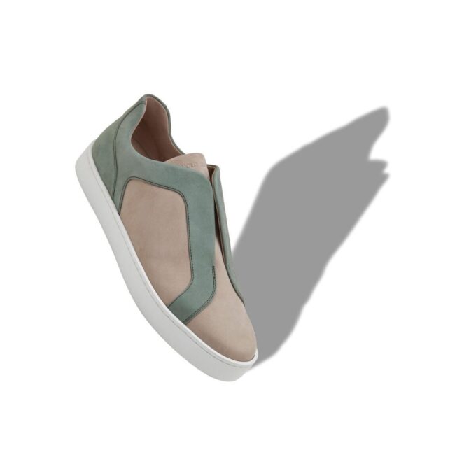 AGILIO Grey and Green Calf Leather Low Cut Sneakers