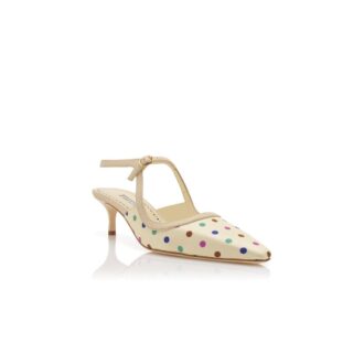 ATOCHAS Cream Silk Polka Dot Ankle Strap Pumps
