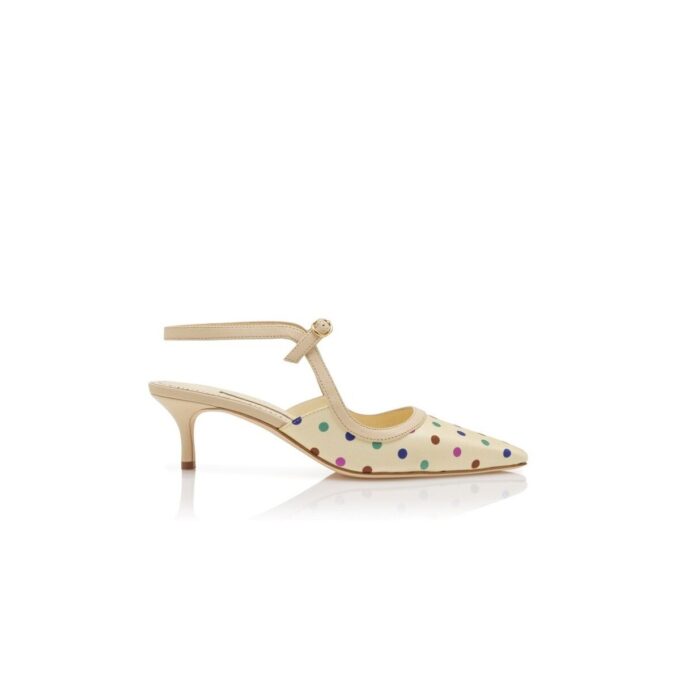 ATOCHAS Cream Silk Polka Dot Ankle Strap Pumps