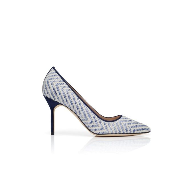 BB Navy Blue and White Raffia Pointed Toe Pumps