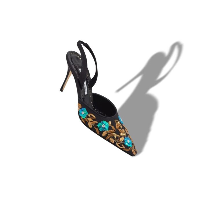 BORELA Black Crepe de Chine Embroidered Slingback Pumps