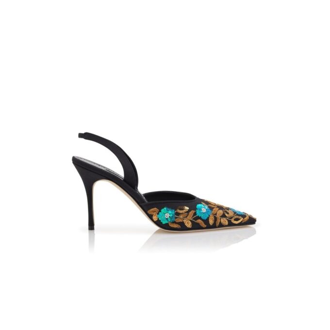 BORELA Black Crepe de Chine Embroidered Slingback Pumps