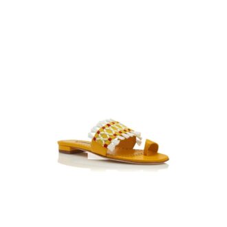 BRAVA Yellow Nappa Leather Raffia Detail Flat Mules