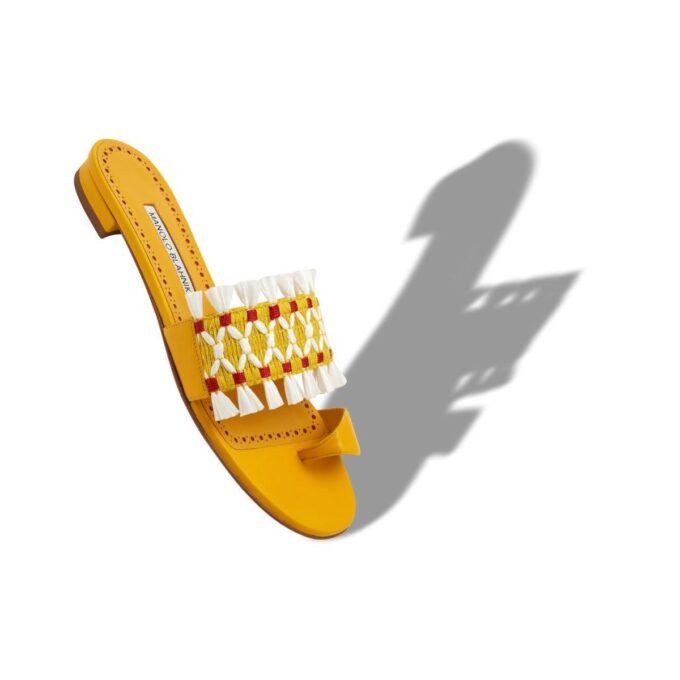 BRAVA Yellow Nappa Leather Raffia Detail Flat Mules