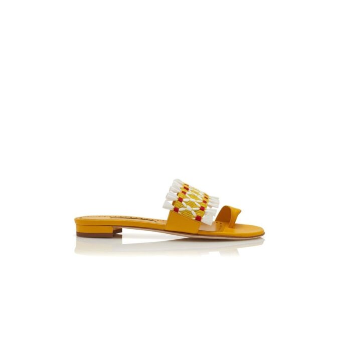 BRAVA Yellow Nappa Leather Raffia Detail Flat Mules