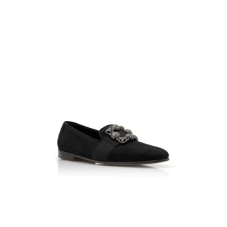 CARLTON Black Suede Jewelled Buckle Loafers