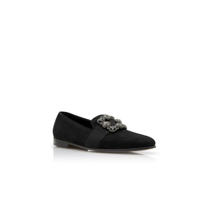 CARLTON Black Suede Jewelled Buckle Loafers