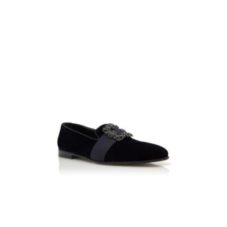 CARLTON Dark Blue Velvet Jewelled Buckle Loafers