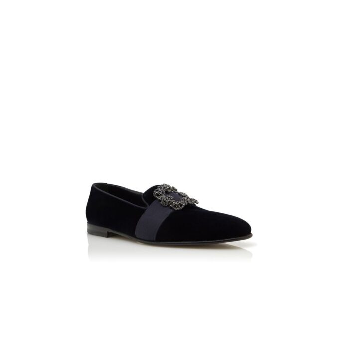 CARLTON Dark Blue Velvet Jewelled Buckle Loafers