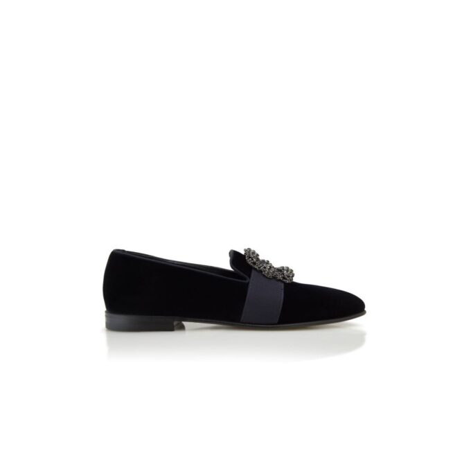 CARLTON Dark Blue Velvet Jewelled Buckle Loafers