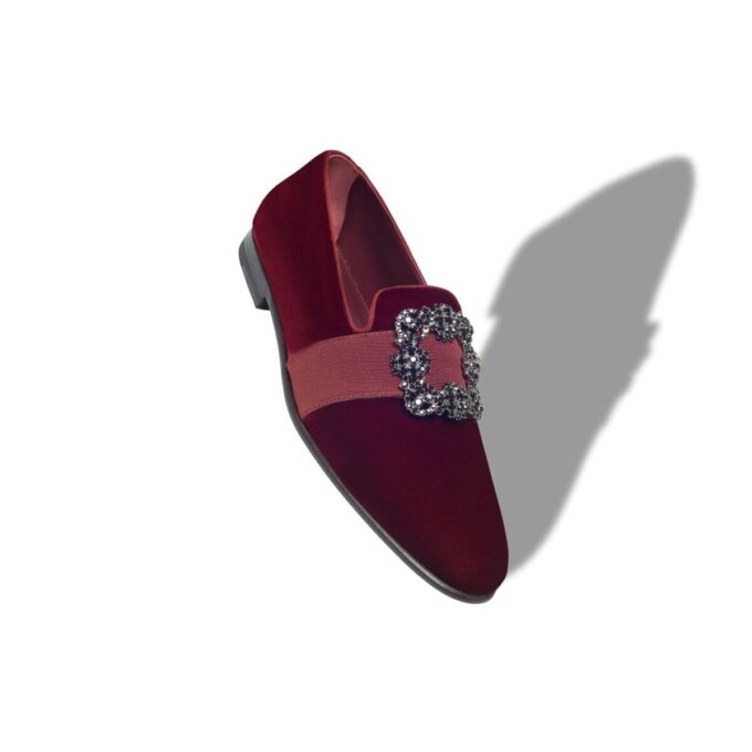 CARLTON Dark Red Velvet Jewel Buckle Loafers