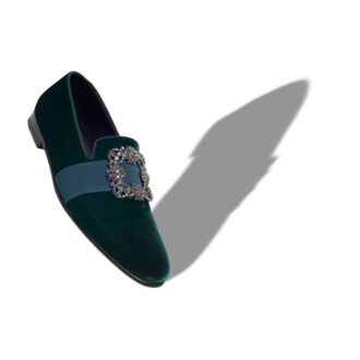 CARLTON Green Velvet Jewel Buckle Loafers