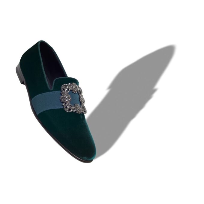 CARLTON Green Velvet Jewel Buckle Loafers