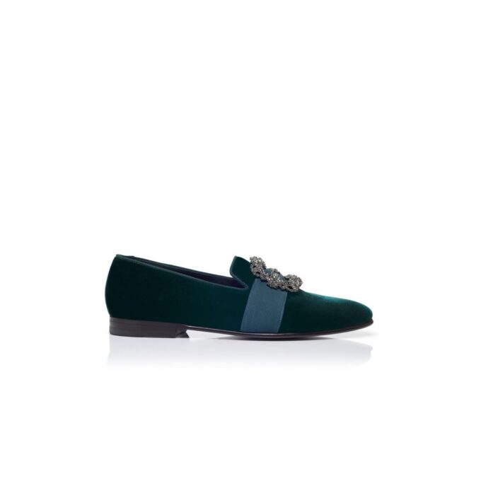 CARLTON Green Velvet Jewel Buckle Loafers