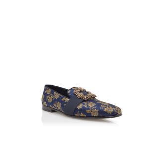 CARLTON Navy Blue Floral Silk Jacquard Jewel Buckle Loafers