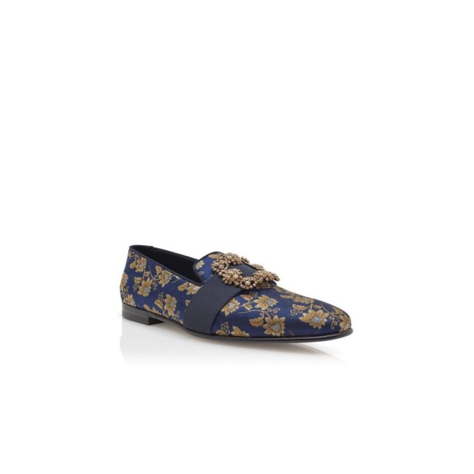 CARLTON Navy Blue Floral Silk Jacquard Jewel Buckle Loafers