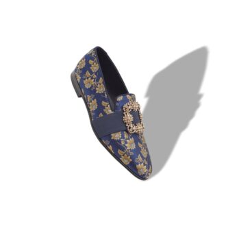 CARLTON Navy Blue Floral Silk Jacquard Jewel Buckle Loafers