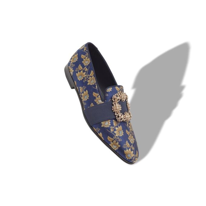 CARLTON Navy Blue Floral Silk Jacquard Jewel Buckle Loafers