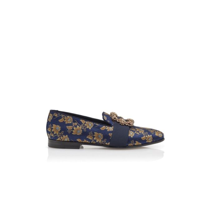 CARLTON Navy Blue Floral Silk Jacquard Jewel Buckle Loafers