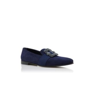 CARLTON Navy Blue Suede Jewelled Buckle Loafers
