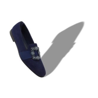 CARLTON Navy Blue Suede Jewelled Buckle Loafers