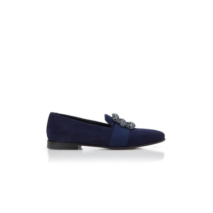 CARLTON Navy Blue Suede Jewelled Buckle Loafers