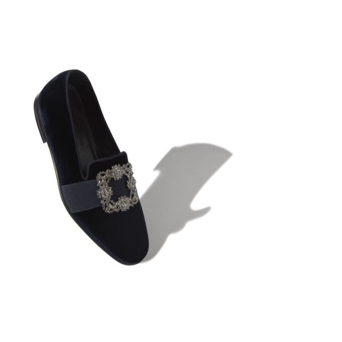 CARLTON Navy Blue Velvet Jewelled Buckle Loafers