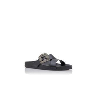 CHILANGHI Black Calf Leather Jewel Buckle Flat Mules