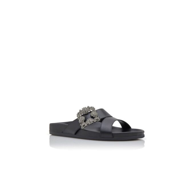 CHILANGHI Black Calf Leather Jewel Buckle Flat Mules