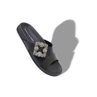 CHILANGHI Black Calf Leather Jewel Buckle Flat Mules
