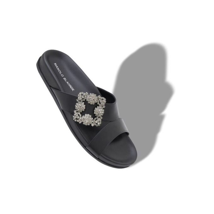 CHILANGHI Black Calf Leather Jewel Buckle Flat Mules