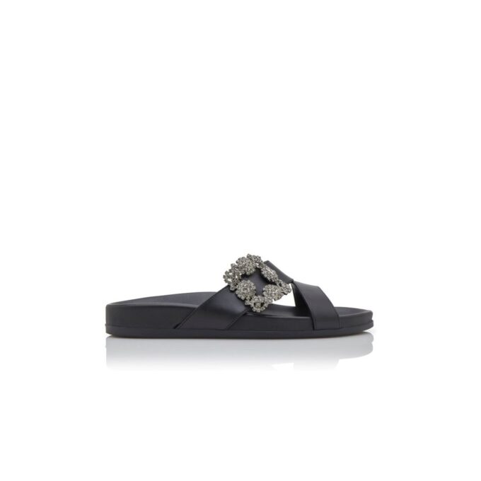 CHILANGHI Black Calf Leather Jewel Buckle Flat Mules