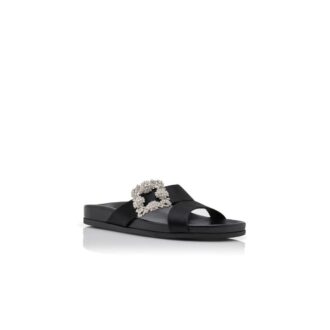 CHILANGHI Black Satin Jewel Buckle Flat Mules
