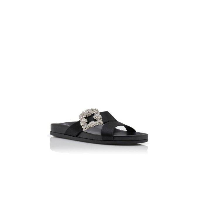 CHILANGHI Black Satin Jewel Buckle Flat Mules