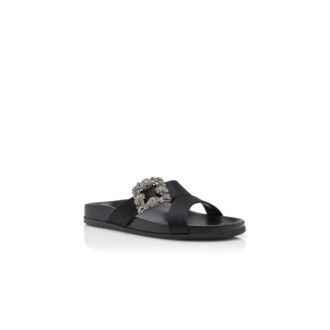 CHILANGHI Black Satin Jewel Buckle Flat Mules