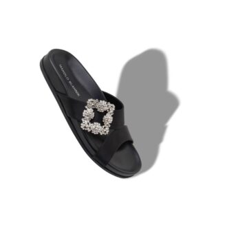 CHILANGHI Black Satin Jewel Buckle Flat Mules