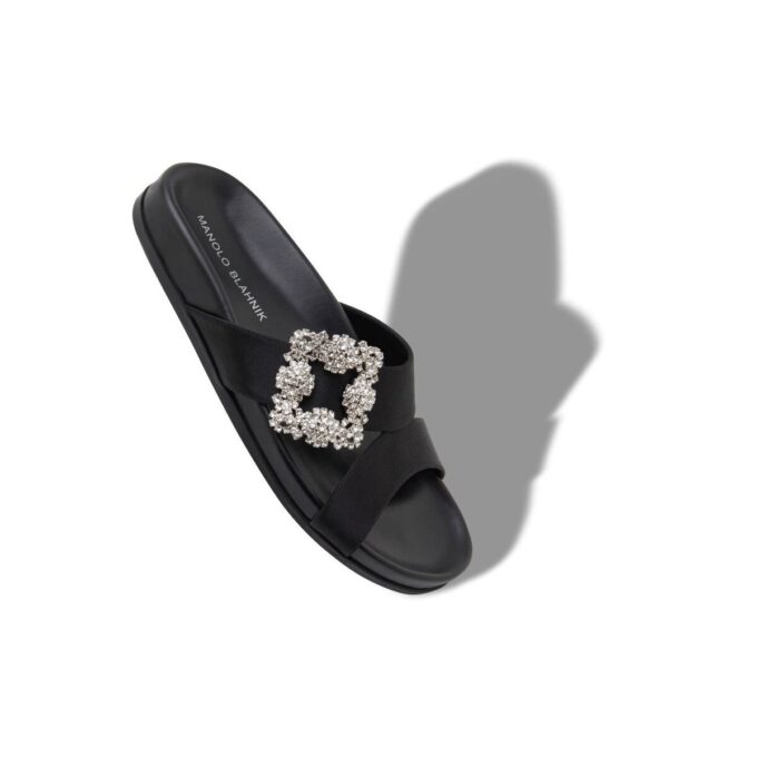 CHILANGHI Black Satin Jewel Buckle Flat Mules