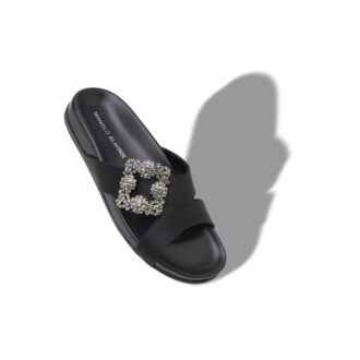CHILANGHI Black Satin Jewel Buckle Flat Mules