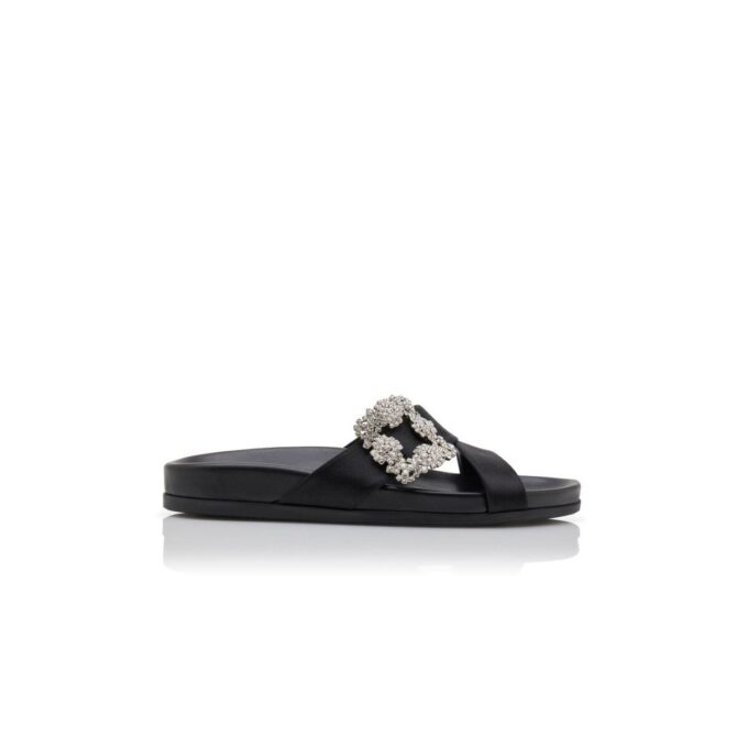 CHILANGHI Black Satin Jewel Buckle Flat Mules