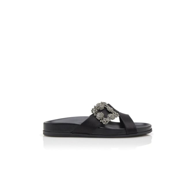 CHILANGHI Black Satin Jewel Buckle Flat Mules