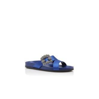 CHILANGHI Blue Satin Jewel Buckle Flat Mules