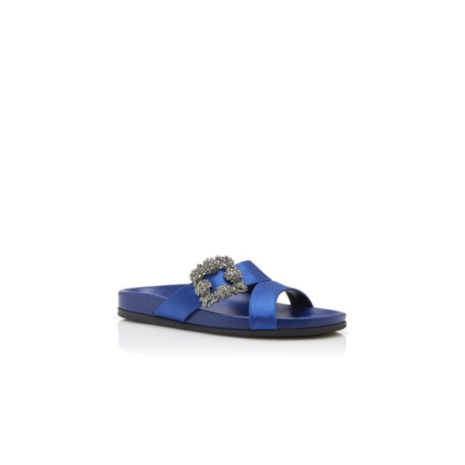 CHILANGHI Blue Satin Jewel Buckle Flat Mules