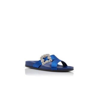 CHILANGHI Blue Satin Jewel Buckle Flat Mules