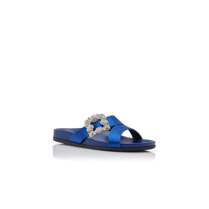 CHILANGHI Blue Satin Jewel Buckle Flat Mules