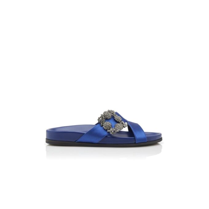 CHILANGHI Blue Satin Jewel Buckle Flat Mules