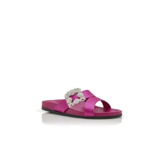CHILANGHI Dark Fuchsia Satin Jewel Buckle Flat Mules