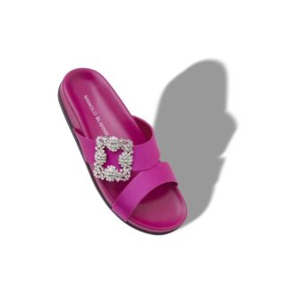 CHILANGHI Dark Fuchsia Satin Jewel Buckle Flat Mules