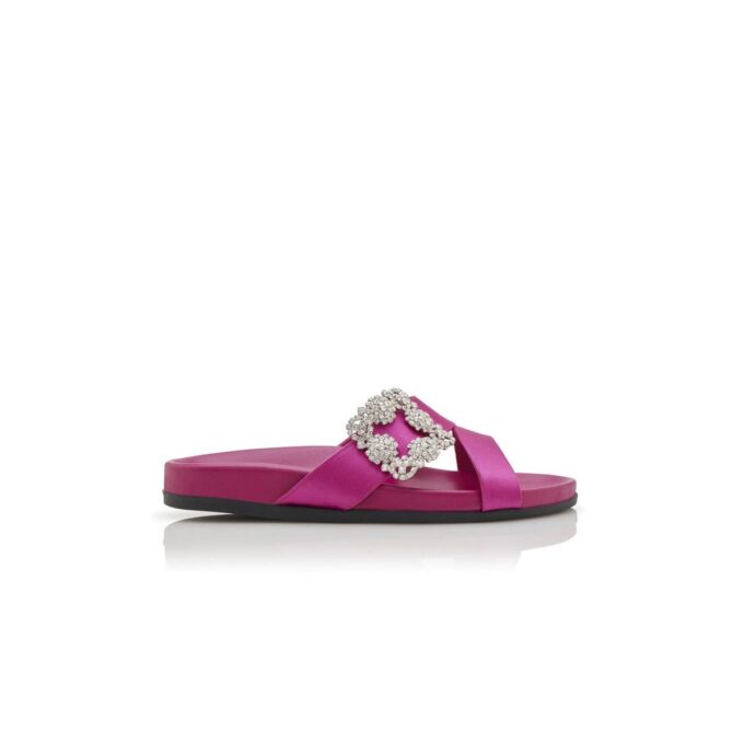 CHILANGHI Dark Fuchsia Satin Jewel Buckle Flat Mules