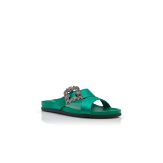 CHILANGHI Green Satin Jewel Buckle Flat Mules