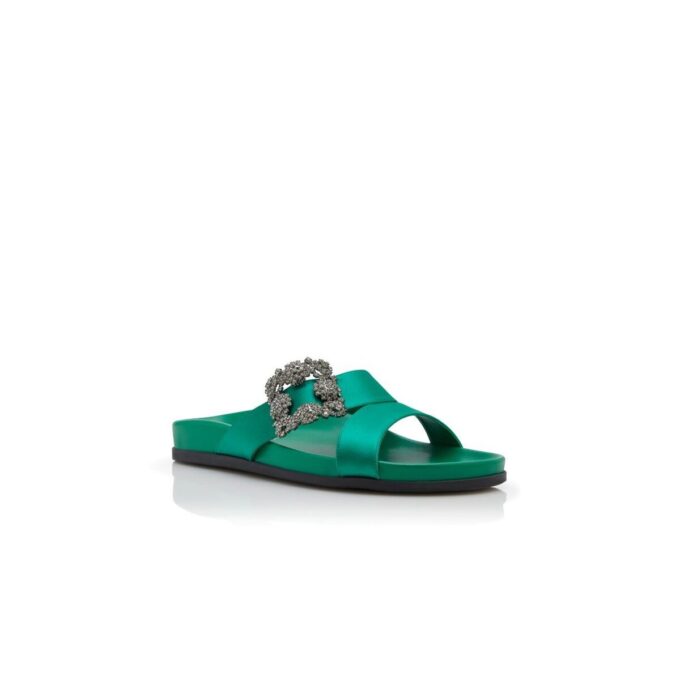 CHILANGHI Green Satin Jewel Buckle Flat Mules